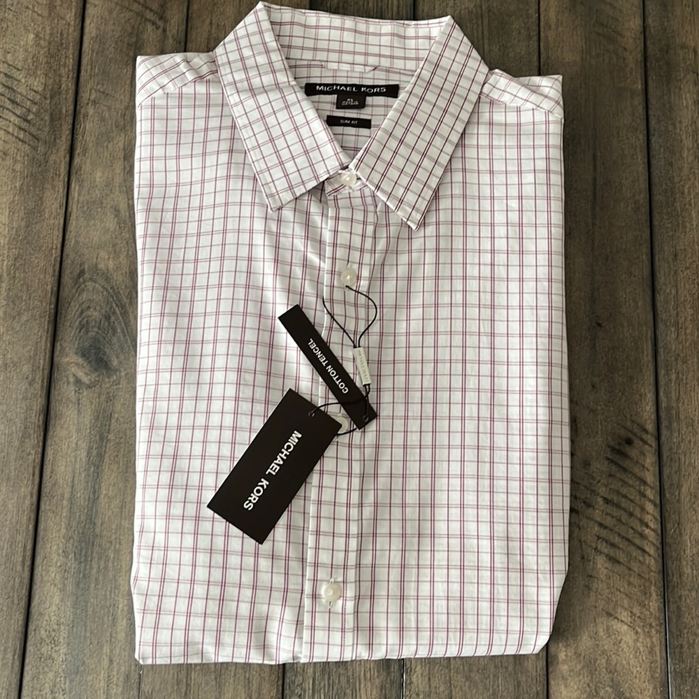 Michael Kors Men’s XL Slim Fit White Red Plaid Button Down Shirt NWT Orig $98